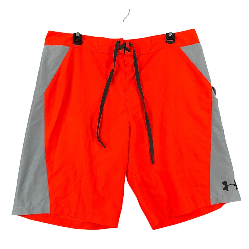 Under Armour Board Shorts Mens 34 Orange Gray Side Pocket Swim Trunks Beachwear